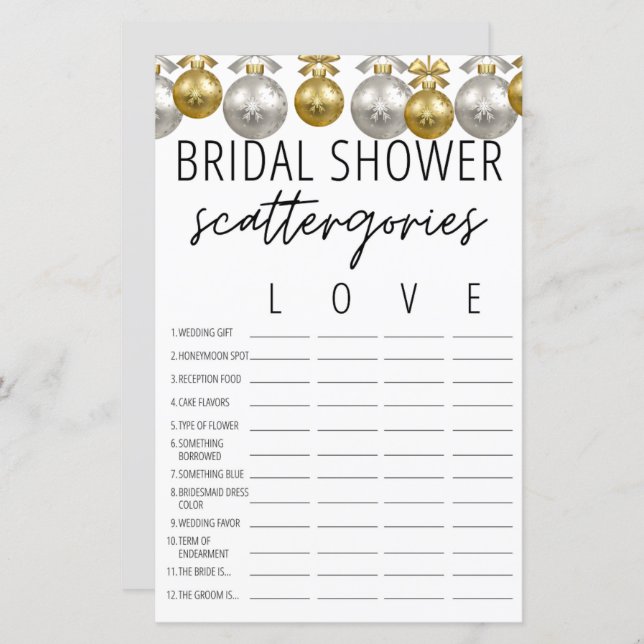 Decorative Light Bridal Shower Scattergories Game  (Front/Back)