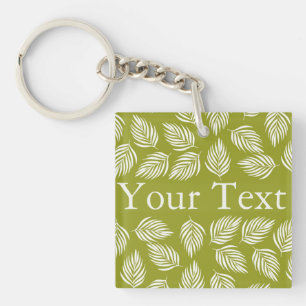 Decorative Lime Green Leaves Pattern Custom Text Key Ring