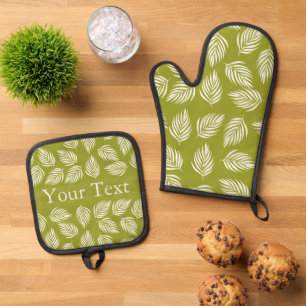 Decorative Lime Green Leaves Pattern Custom Text Oven Mitt & Pot Holder Set