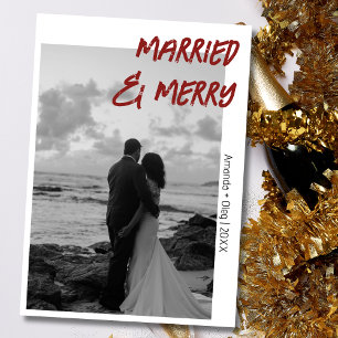 Decorative Married and Merry Modern Deep Burgundy Holiday Card
