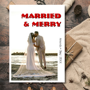 Decorative Married and Merry Modern Rich RedText Holiday Card