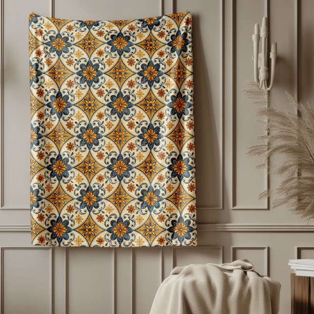 Decorative Mediterranean Nautical Tile Motifs Fleece Blanket (Decorative Mediterranean Nautical Tile Motifs Fleece Blanket)