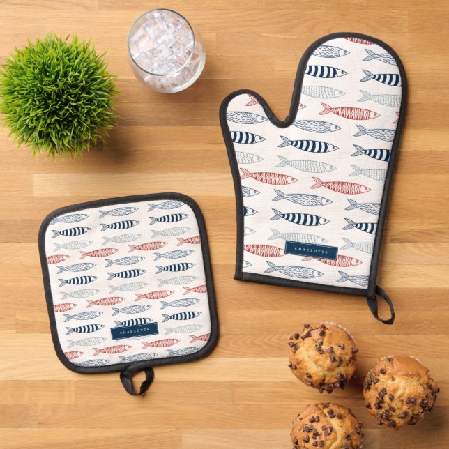 Decorative Mediterranean Sardines Fish Custom Name Oven Mitt & Pot Holder Set (Top Down)