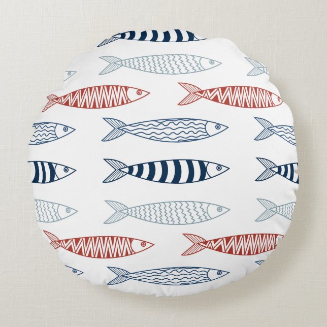 Decorative Mediterranean Sardines Fish Pattern Round Cushion (Front)