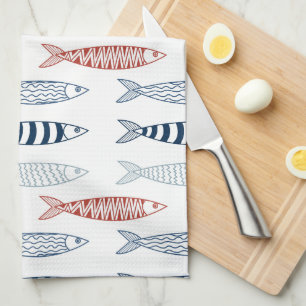 Decorative Mediterranean Sardines Fish Pattern Tea Towel