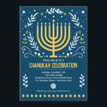 Decorative Menorah Hanukkah Holiday Party Invitation<br><div class="desc">Make Chanukah special and celebrate with family and friends with this decorative Hanukkah party invitation. A gold menorah is surrounded by leaves,  stars,  and swirls against a rich blue background. Available with matching products.</div>