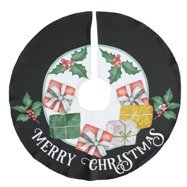 Decorative Merry Christmas Copy with Gifts & Holly Faux Linen Tree Skirt (Front)