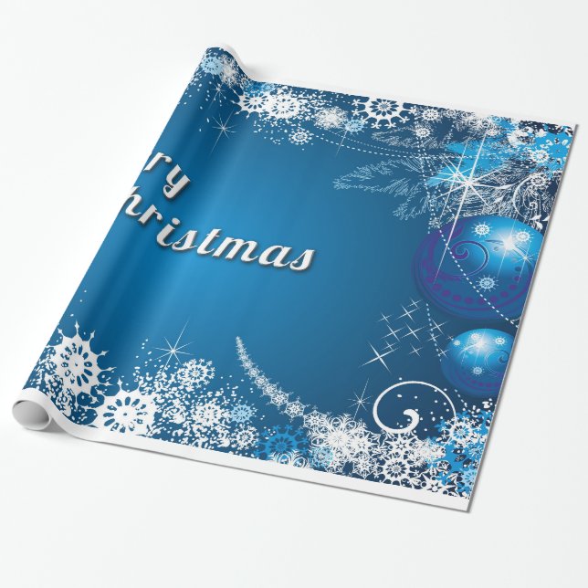 Decorative Merry Christmas Ornaments In Blue Wrapping Paper (Unrolled)