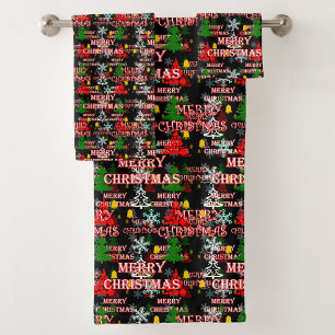 Decorative Merry Christmas Text Pattern Design Bath Towel Set