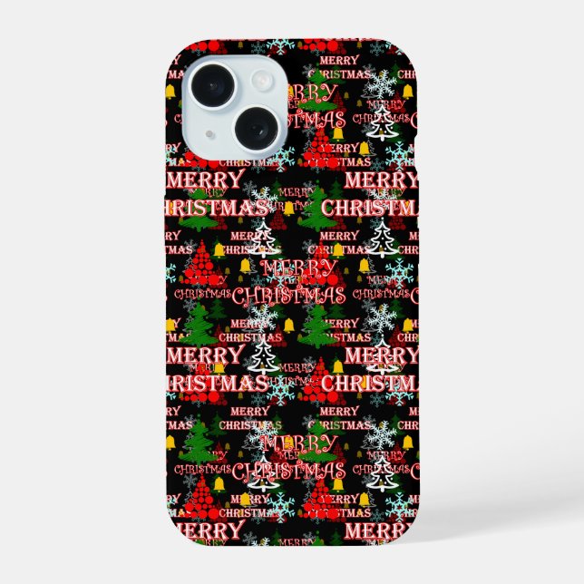 Decorative Merry Christmas Text Pattern Design  iPhone 15 Case (Back)