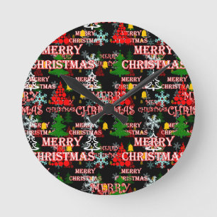 Decorative Merry Christmas Text Pattern Design Round Clock
