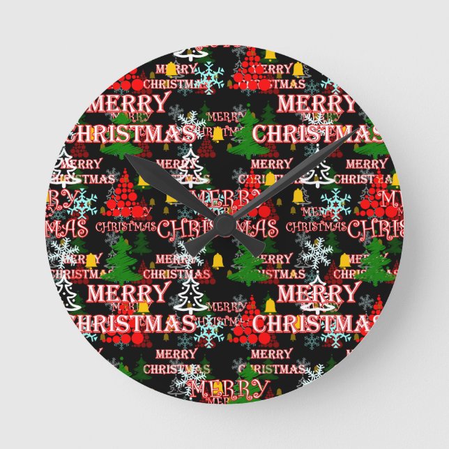 Decorative Merry Christmas Text Pattern Design  Round Clock (Front)