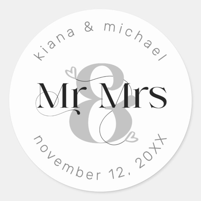 Decorative Modern Wedding Mr & Mrs ID887 Classic Round Sticker (Front)