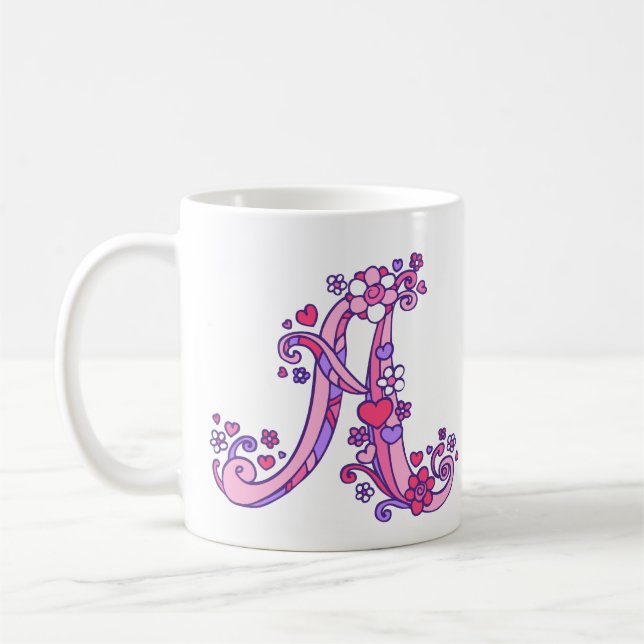 Decorative Monogram A hearts & flowers pink mug (Left)
