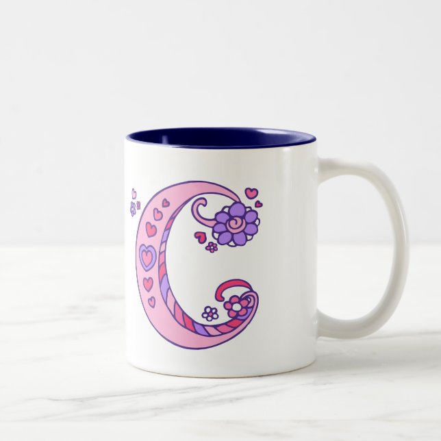 Decorative Monogram C hearts & flowers pink mug (Right)