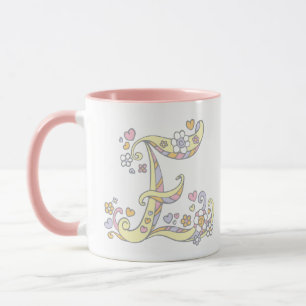 Decorative Monogram E hearts and flowers mug
