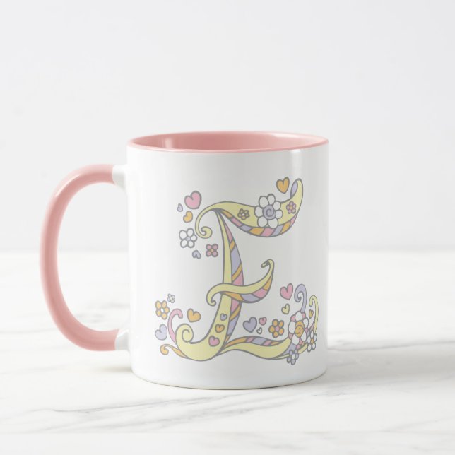 Decorative Monogram E hearts and flowers mug (Left)