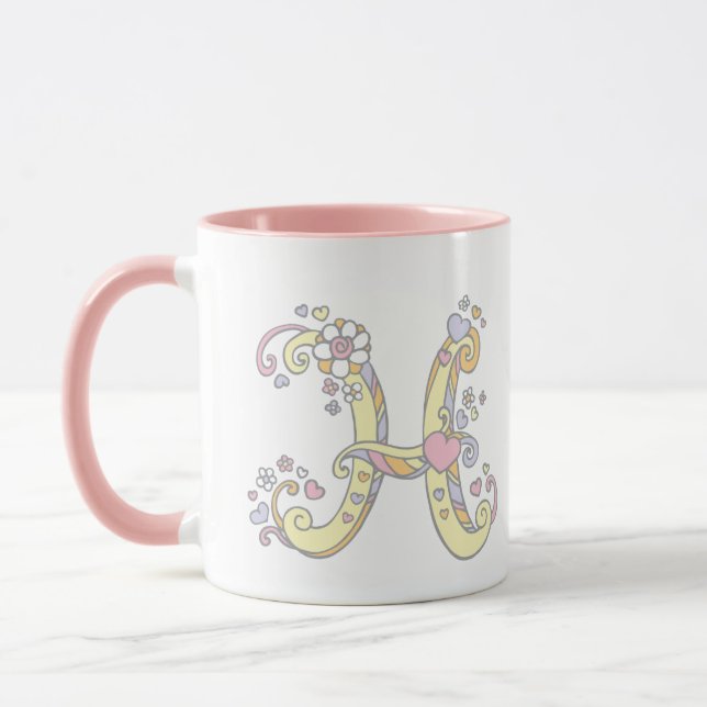 Decorative Monogram H hearts and flowers mug (Left)