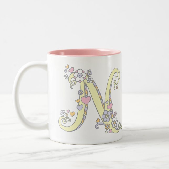 Decorative Monogram N hearts flowers art mug (Left)