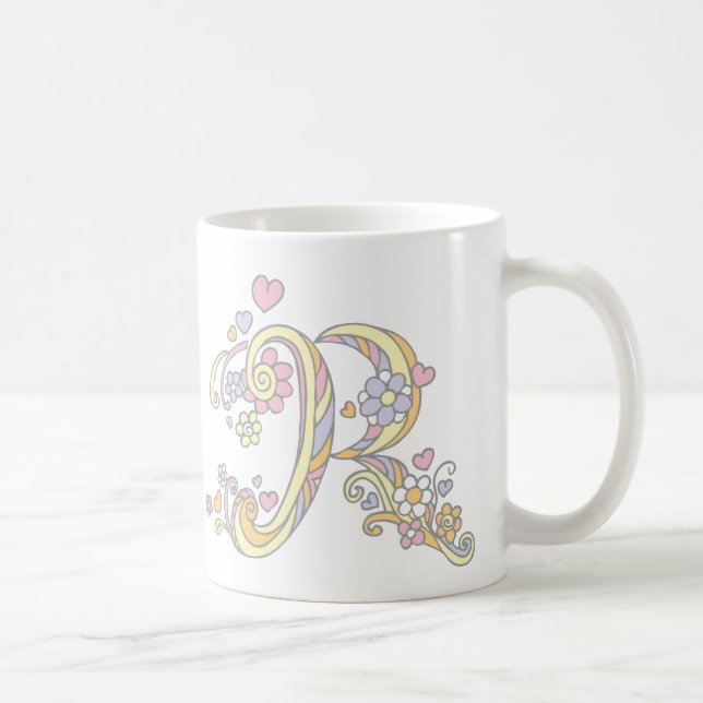 Decorative Monogram R hearts and flowers mug (Right)
