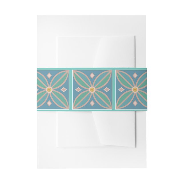 Decorative Moroccan flower tile teal and pinks Invitation Belly Band (Front Example)