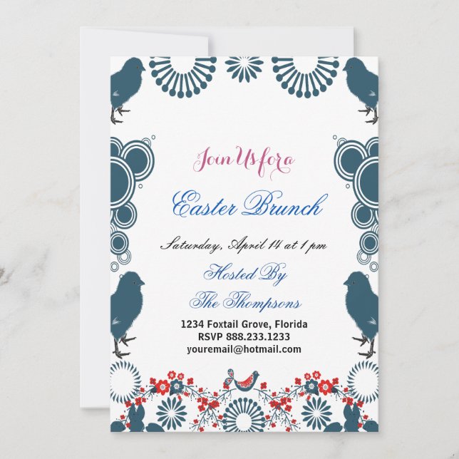 Decorative Motif Easter Brunch Chick Birds Floral  Invitation (Front)