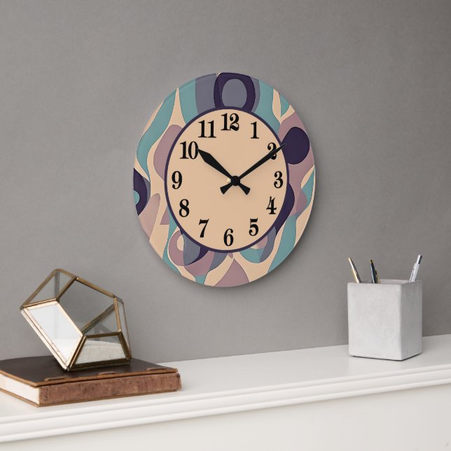 Decorative Muted purple and blue abstract waves Large Clock (Office)