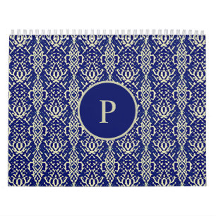 Decorative Navy Blue Damask Pattern Calendar