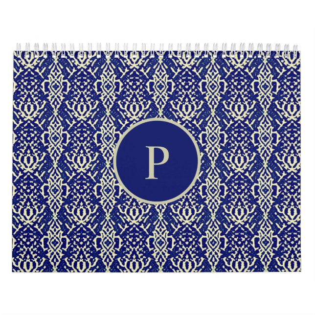 Decorative Navy Blue Damask Pattern Calendar (Cover)