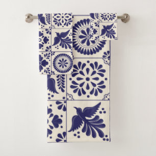 Decorative Nile Blue Mexican Traditional Talavera Bath Towel Set