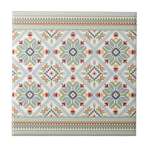 Decorative Ocean Blue and Red Floral Mosaic Tile