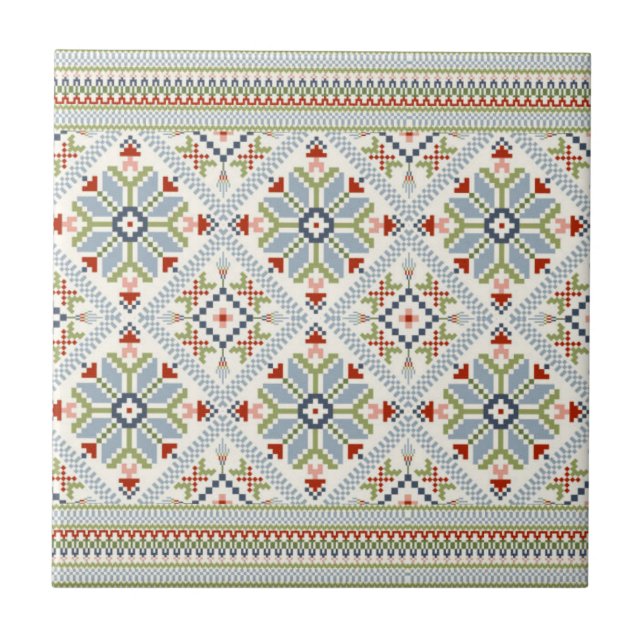 Decorative Ocean Blue and Red Floral Mosaic  Tile (Front)