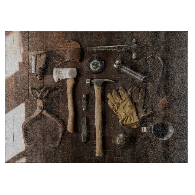 Decorative Old Tools Glass Cutting Board 15"x11" (Front)