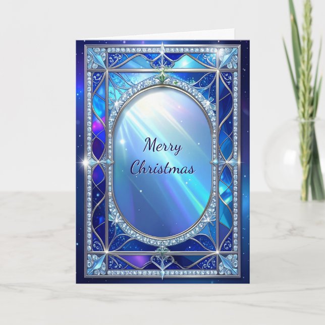 Decorative Oval Blue Frame Holiday Card (Front)