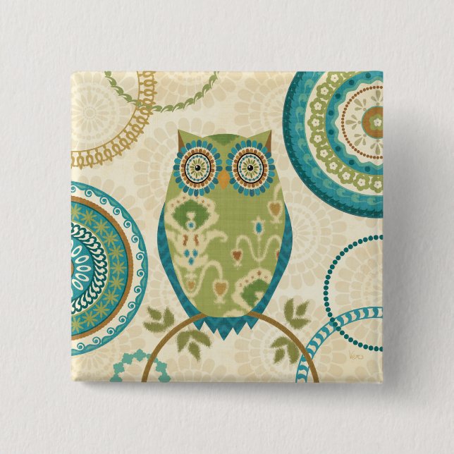 Decorative Owl with Circular Designs 15 Cm Square Badge (Front)