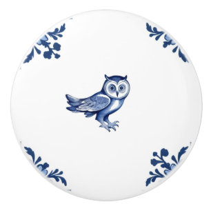 Decorative Owl with Delft Blue and White Corners Ceramic Knob