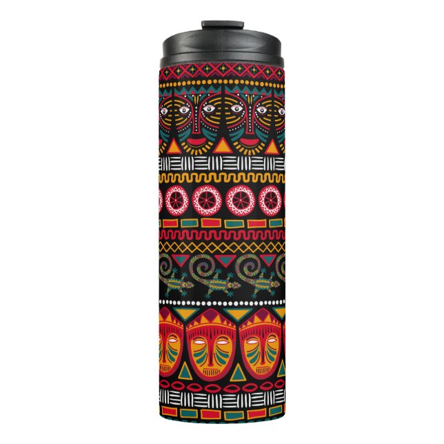 Decorative pattern on a black background in Africa Thermal Tumbler (Front)
