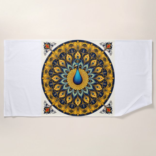 Decorative peacock bird on white beach towel (Front)