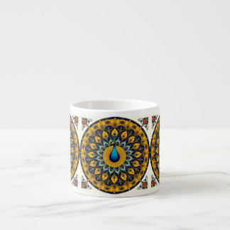 Decorative peacock bird on white espresso cup