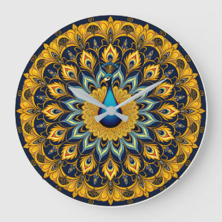 Decorative peacock bird on white large clock