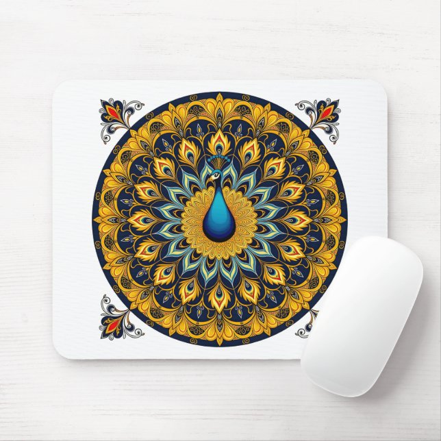 Decorative peacock bird on white mouse mat (With Mouse)