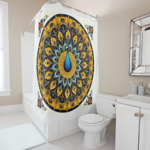 Decorative peacock bird on white shower curtain