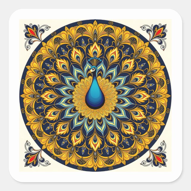 Decorative peacock bird on white square sticker (Front)