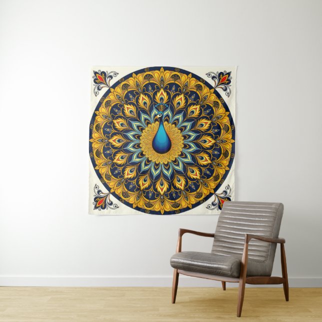 Decorative peacock bird on white tapestry (In Situ)