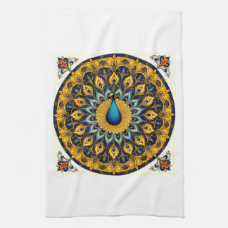 Decorative peacock bird on white tea towel