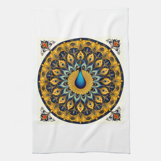 Decorative peacock bird on white tea towel (Vertical)