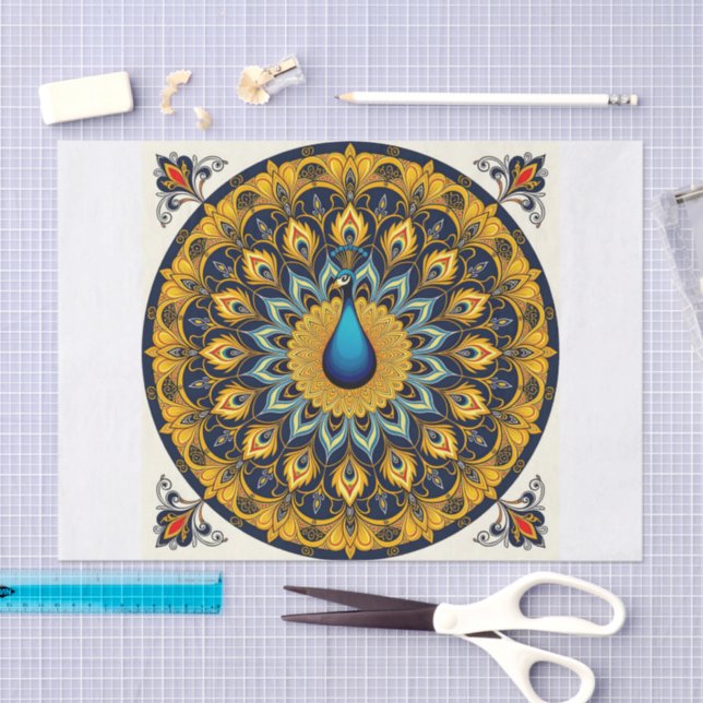 Decorative peacock bird on white tissue paper (Craft)