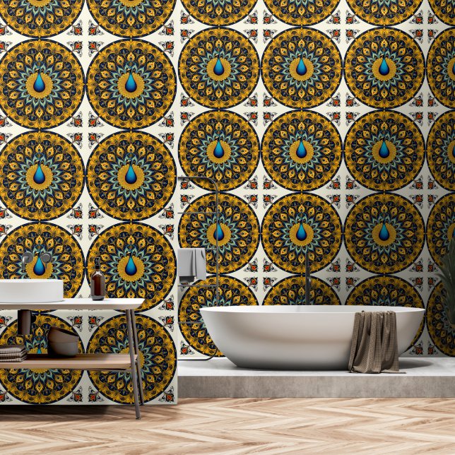 Decorative peacock bird on white wallpaper (Bathroom)