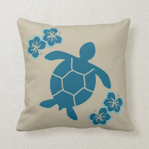 decorative pillow with sea turtle, blue on tan