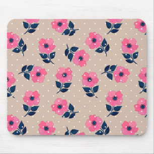 Decorative Pink Beige Floral Pattern Mouse Mat